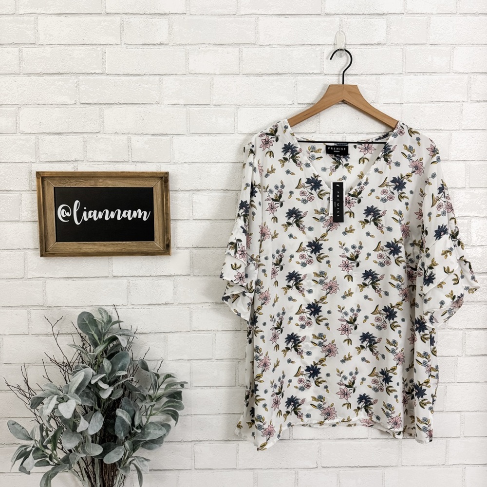 PREMISE Pink & Blue Floral Print Ruffle Sleeve Top